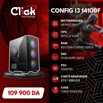 CONFIG I3 14100F H610M-E RTX3050 6GB 500W BOITIER FORGE M100A MSI 8GO 3200MHZ+512 NVME ADATA
