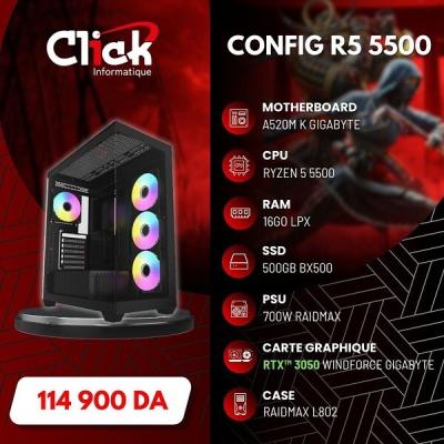 CONFIG /R5 5500/RTX 3050 WINDFORCE /RAM 16GO LPX/500GO SSD BX500/A520M K GIGABYTE/ RX700W/I802