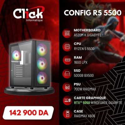CONFIG /R5 5500/RTX 5050 WINDFORCE /RAM 16GO LPX/500GO SSD BX500/A520M K GIGABYTE/ RX700W/X606