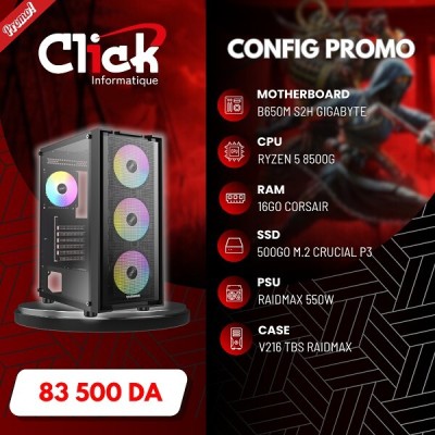 CONFIG R5 8500G / 16GO RAM CORSAIR /CRUSIAL P3 500GO M.2/ B650M S2H GIGABYTE/ RX550/RAIDMAX V216 TBS