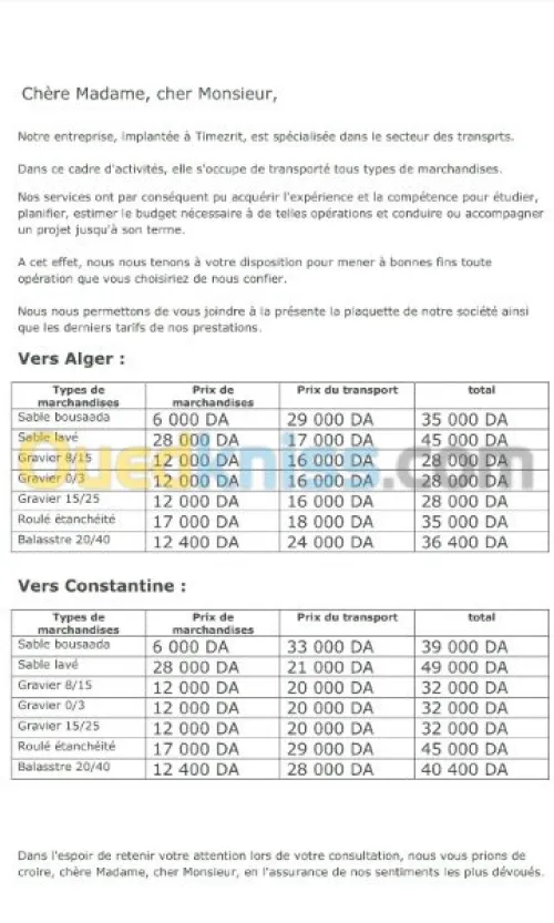 Transports  tt types de marchandises 