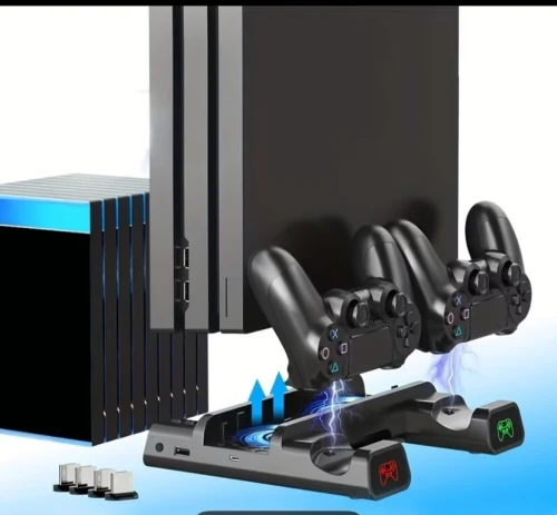 Station de Charge Rafraîchissante pour PS4 Slim et Pro avec Station de Charge de Manettes, Indicateur Lumineux, Support de Charge pour Manettes, Base avec Fentes pour Disques et Cartes de Jeux po