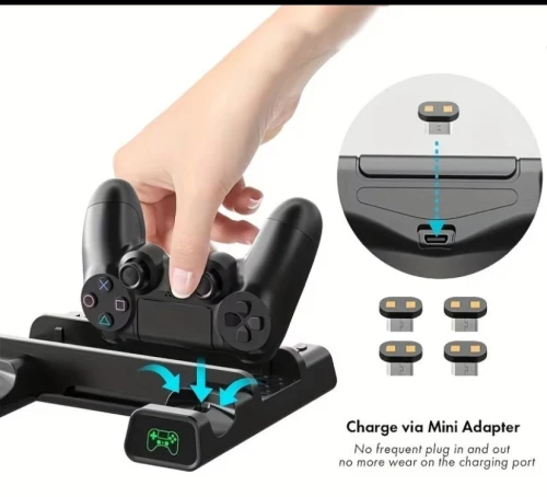 Station de Charge Rafraîchissante pour PS4 Slim et Pro avec Station de Charge de Manettes, Indicateur Lumineux, Support de Charge pour Manettes, Base avec Fentes pour Disques et Cartes de Jeux po