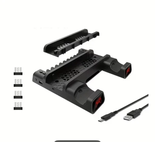 Station de Charge Rafraîchissante pour PS4 Slim et Pro avec Station de Charge de Manettes, Indicateur Lumineux, Support de Charge pour Manettes, Base avec Fentes pour Disques et Cartes de Jeux po