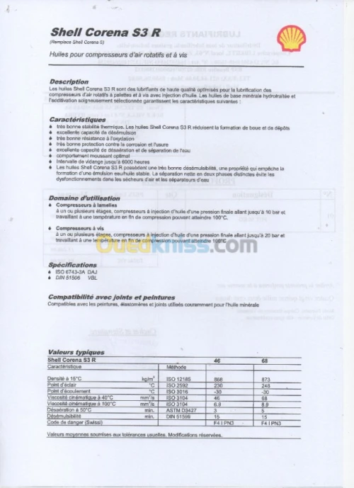 SHELL CORENA S3 R 46 COMPRESSEUR  DISPONIBLE EQUIVALENT