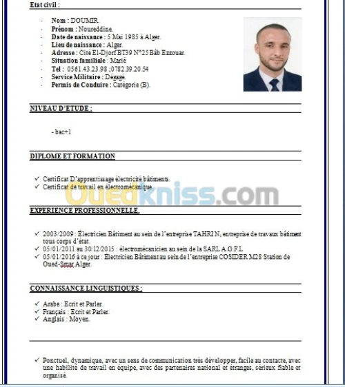 demande  d'emploi comme eléctricien