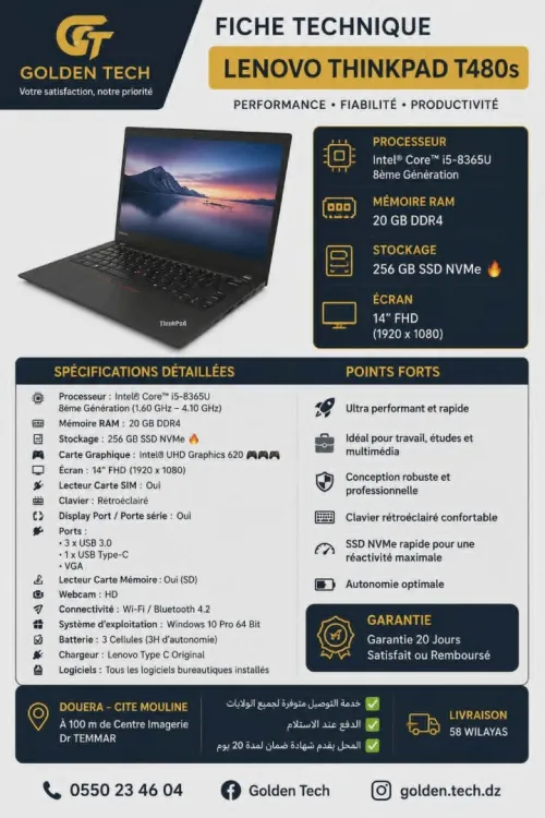LENOVO THINKPAD T480S ULTRA SLIM I5 8EME / 20G / 256 SSD /14 FHD