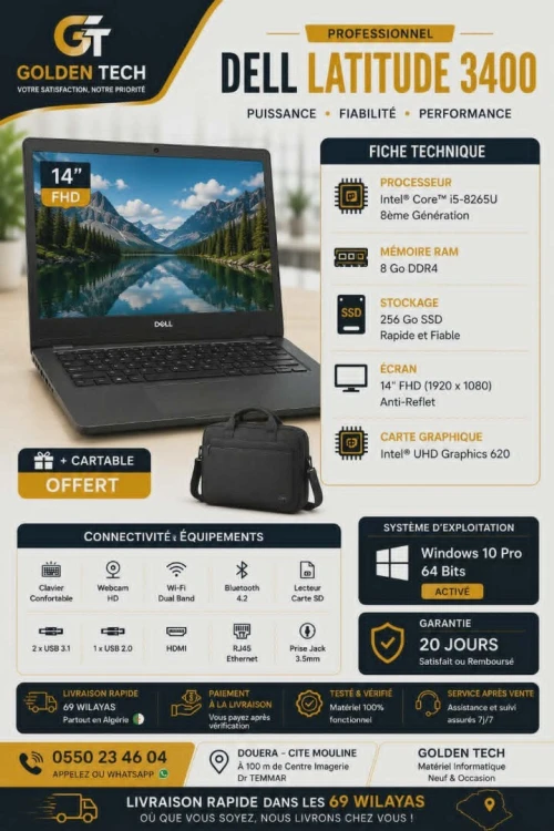 DELL LATITUDE 3400 / INTEL I5 8EME / 8 G / 256 / 14 FHD+CARTABLE