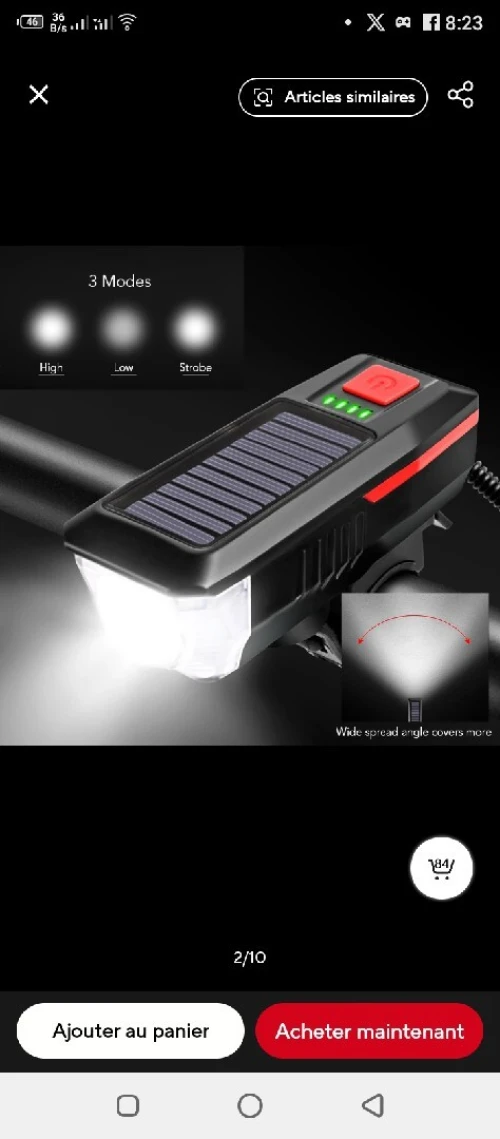 مصباح أمامي قابل للشحن بالطاقة الشمسية للدراجات مع كلاكسون صوتي قوي Lamp de vélo rechargeable au scolaire plus Klaxon de vélo au 05 modes