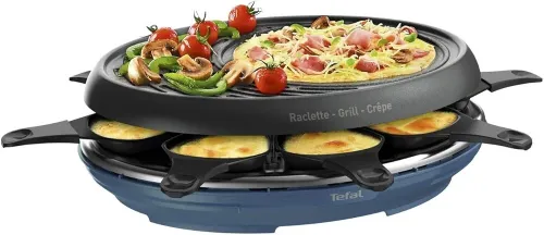 Tefal Raclette Colormania 3 en 1 Appareil à Raclette Grill 8 Coupelles1050 W Bleu Acier RE310401