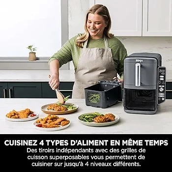 NINJA Double Stack XL Friteuse sans huile friteuse verticale à 2 tiroirs 4 niveaux cuisson 2 tiroirs et 2 grilles design compact capacité de 9,5L 6 fonctions de cuisson 8 portions gris SL400EU