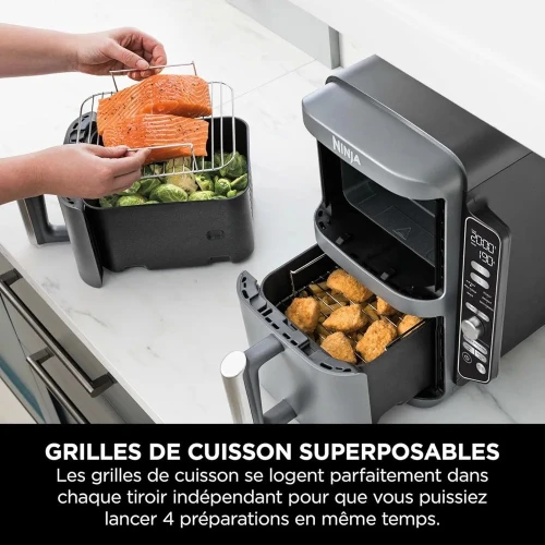 NINJA Double Stack XL Friteuse sans huile friteuse verticale à 2 tiroirs 4 niveaux cuisson 2 tiroirs et 2 grilles design compact capacité de 9,5L 6 fonctions de cuisson 8 portions gris SL400EU