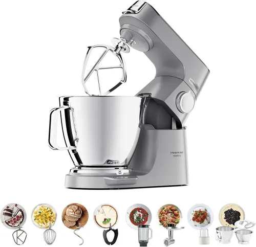 Petrin Kenwood Chef Baker XL 1200W avec corps en titane balance intégrée double bol 4 accessoires blender en verre hachoir à viande hachoir multifonctions  Argent