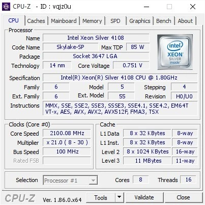 PROCESSEUR CPU SERVEUR SILVER 4108 USED