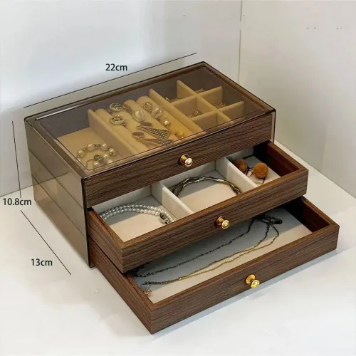 Coffret à bijoux en bois à trois niveaux très élégant couleur noyer  علبة تنظيم المجوهرات