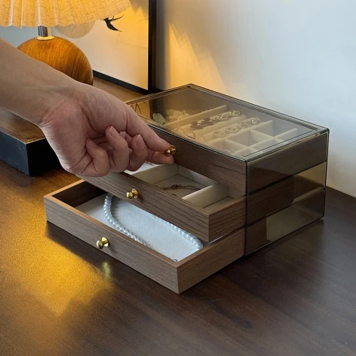 Coffret à bijoux en bois à trois niveaux très élégant couleur noyer  علبة تنظيم المجوهرات