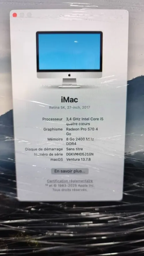iMac 27 Pouces Ecran Retina 5k Processeur : intel core i5 Graphisme : Radeon pro 570 4Go Ram : 8Go DDR4 Stockage : 128Go SSD+ 2To HDD