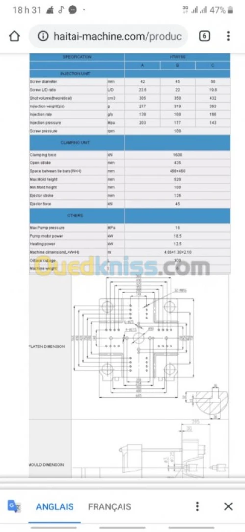 Machine injection plastique160+250 ton