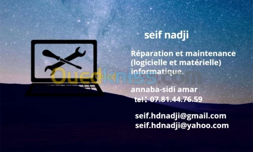 Réparation et maintenance (logicielle et matérielle) informatique. 