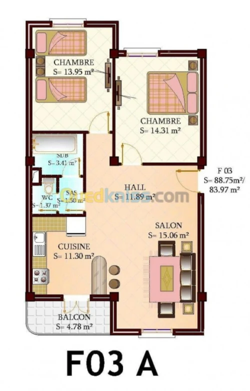 Vente Appartement F3 Mostaganem Mostaganem