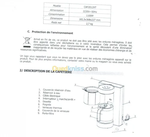 CAFETIERE Brandt  Rèf:CAF2012XT