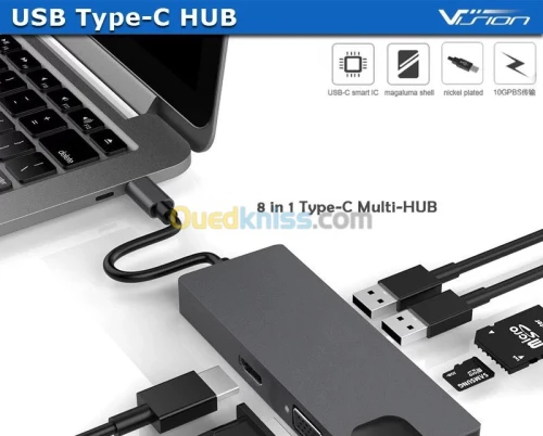 Adaptateur HUB Type-C USB-C 8 en 1 type-c to HDMI + RJ45 + Type-C + SD CARD + 2 * USB 3.0 + VGA