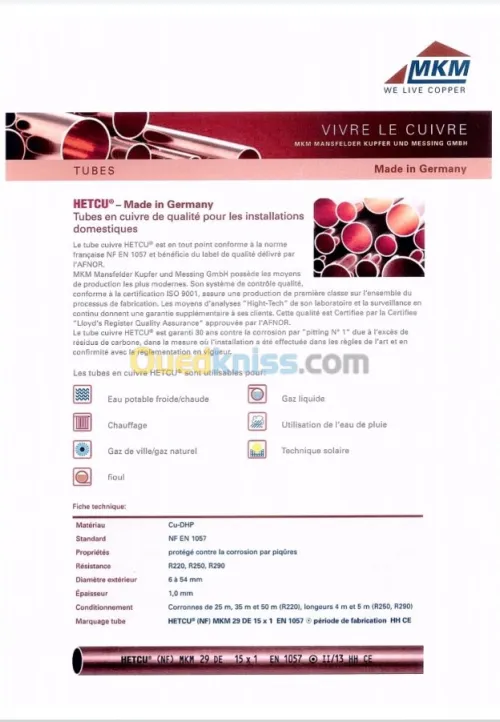 Cuivre en barre 5 ML 14-22-16-28-40-42