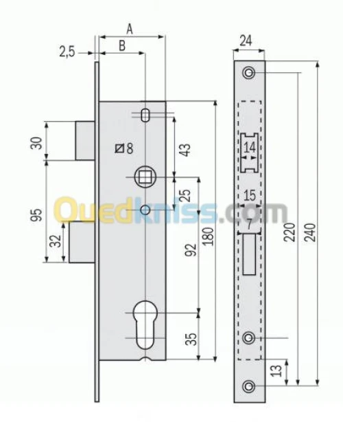 Serrure à encastrer pour Aluminium 