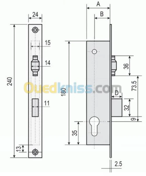 Serrure à encastrer pour Aluminium 