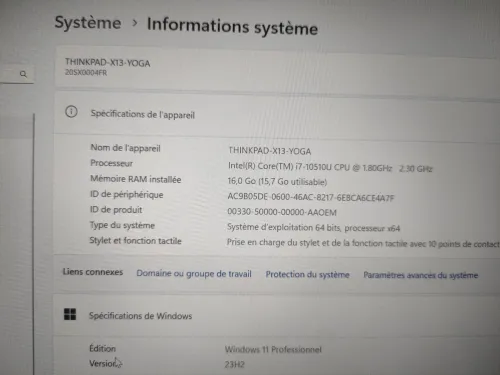 LENOVO THINKPAD X13 YOGA 360 i7, 10510U, 10EME GEN, SSD 512 GO, RAM 16 GO.