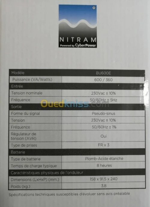 Onduleur 600 VA  NITRAM BU600E