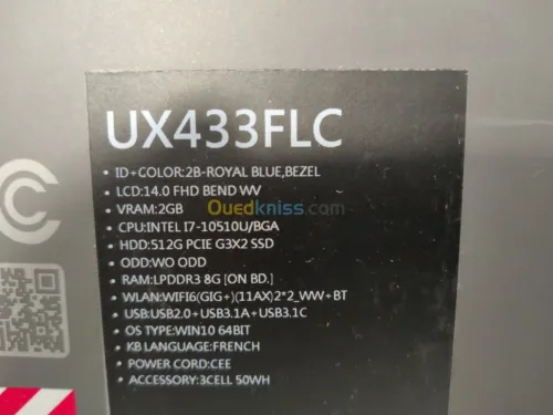 ZENBOOK 14 UX433 I7 10EM/MX250 VENDU