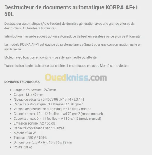 DESTRUCTEUR DE DOCUMENTS KOBRA AF+1 60 