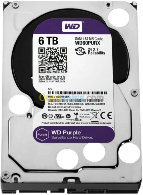 WD PURPLE 6TB HDD - DISQUE DURE SURVEILLANCE -WD64PURZ - SATA 6GB/S - 3,5" 256MB - CMR