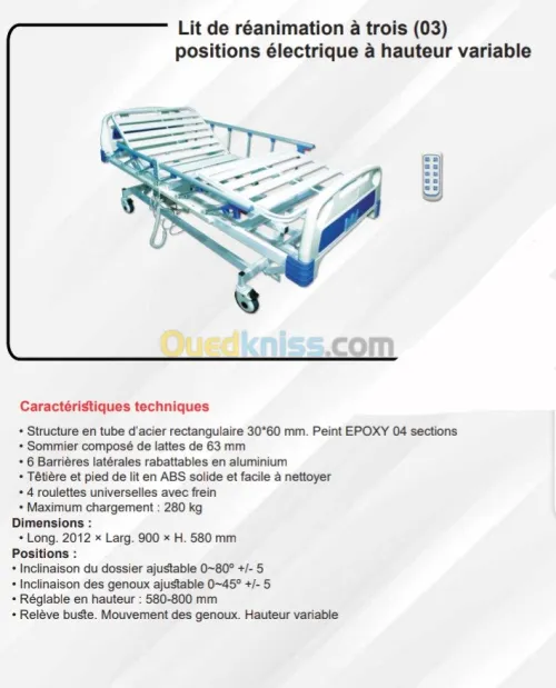 Lit de Réanimation Électrique 3 pos