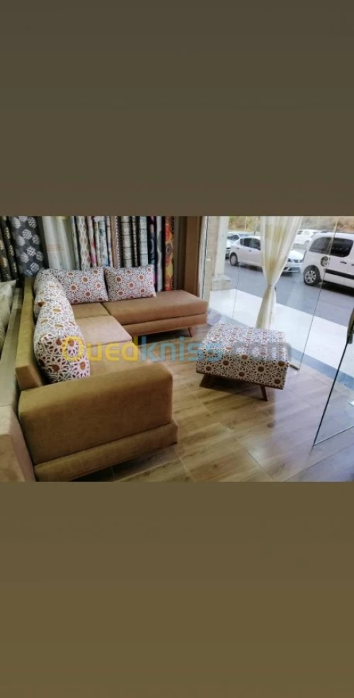 Salon L 5places bois hêtre + pouffe