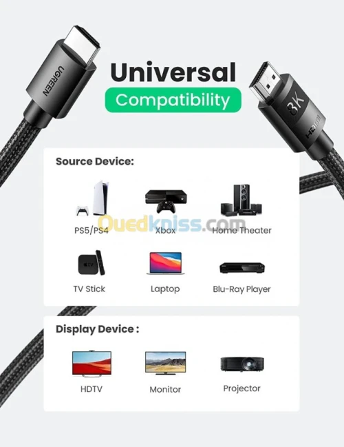 UGREEN Câble HDMI 2.1  8K 60Hz * 4K 120Hz * UHD Haute Vitesse 48 Gbps  * 1M * 2M * 3M* 5M