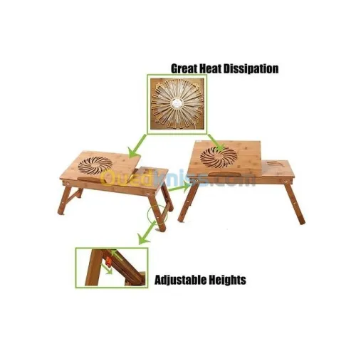 Table LAPTOP en bambou pliable refroidisseur avec ventilateur Grand Format 55cm x 35cm GS