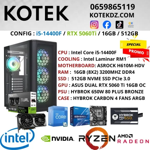 CONFIG PC GAMER - i5-14400F / RTX 5060 Ti 16GB / 16GB RAM DDR4 / 512GB SSD NVME