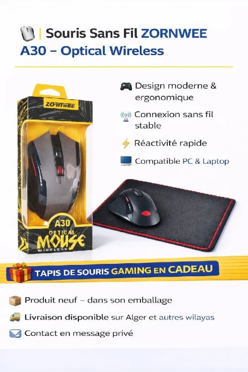 Souris sans fil gaming A30 Zornwee avec tapis de souris offert