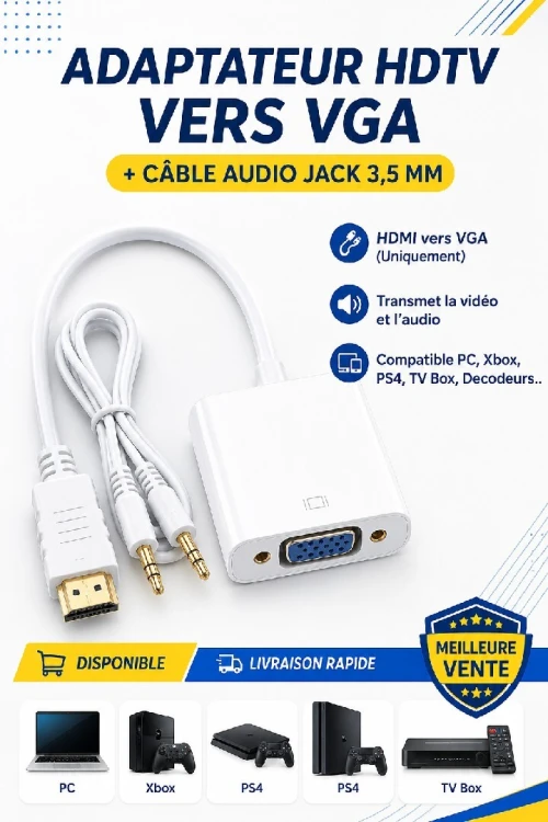 Adaptateur HDMI vers VGA + Câble Audio Jack 3,5 mm