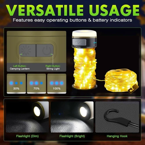 Lampe de Camping avec Guirlande Lumineuse 15m Enroulable, Ambiance Garantie !