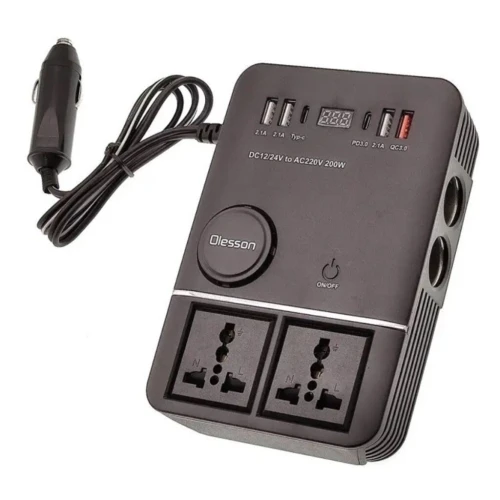 Onduleur de voiture USB Type-C Olesson 1661 220V/200W  محول التيار الكهربائي في السيارة