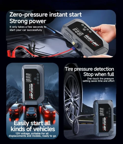 Booster de Batterie Voiture 2-en-1 Compresseur d'Air et Écran Numérique