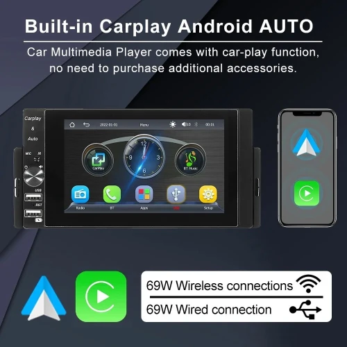 Écran Autoradio 1 DIN MP5  Compatible CarPlay et Android Auto