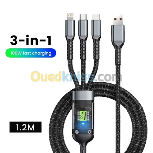 Câble USB 3-en-1  Charge Rapide 100W pour Tous Smartphones