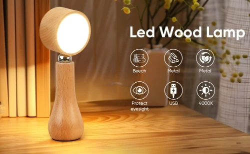 Lampe de Table LED en Bois  Sans Fil, Tactile, Lumière 4000K