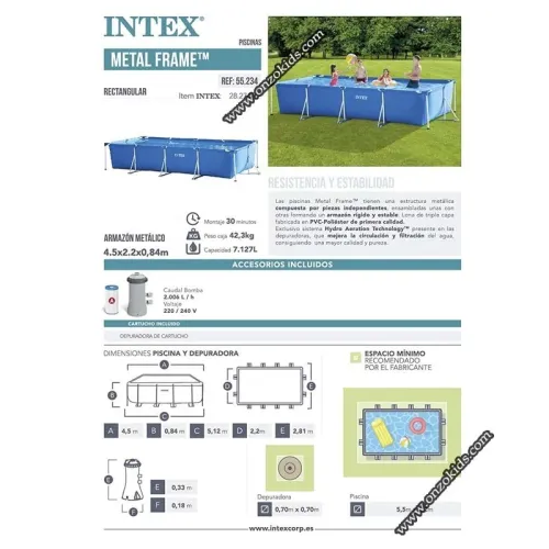 Piscine Metal frame rectangulaire tubulaire 450x 220x 84cm avec pompe de filtration  Intex