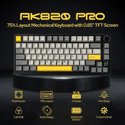 Clavier Mécanique Ajazz AK820 Pro Black avec Écran TFT et Structure Gasket  لوحة مفاتيح ميكانيكية