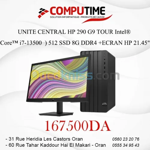 UNITE CENTRAL HP 290 G9 TOUR Intel  Core i7-13500  512 SSD 8G DDR4 +ECRAN HP 21.45"